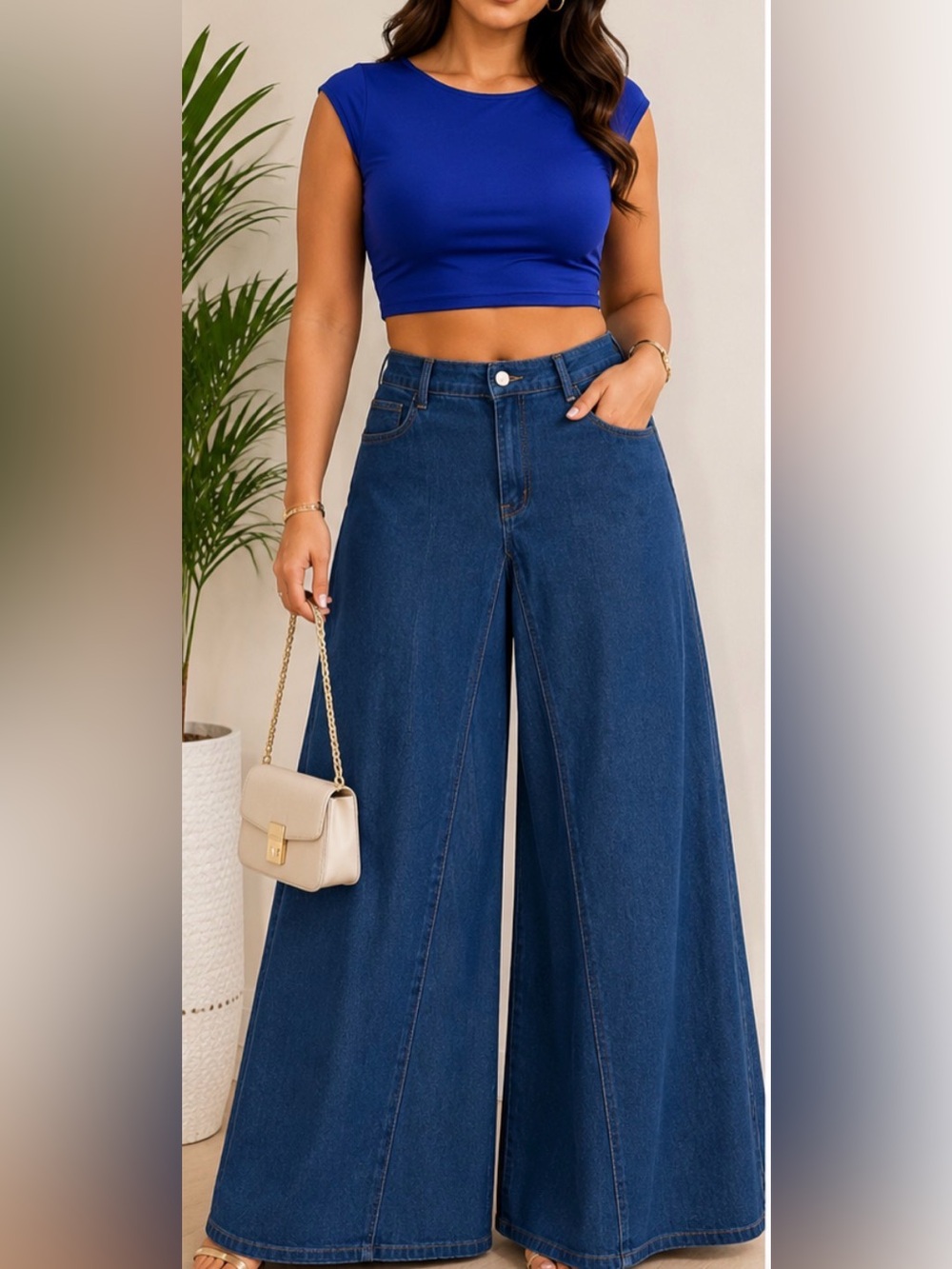 EBOSSY Wide Leg High-Waist Dark Blue Jeans for Women XL